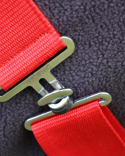 HYCONIC Fleece Rug Charcoal/Red Detail: Close-up of Buckle and Strap on Horse Rug - Equiflair