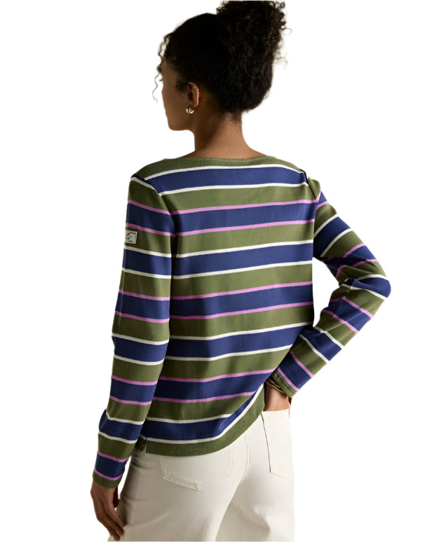 JOULES Harbour Green Striped Top - Women's Long Sleeve Boat Neck Shirt