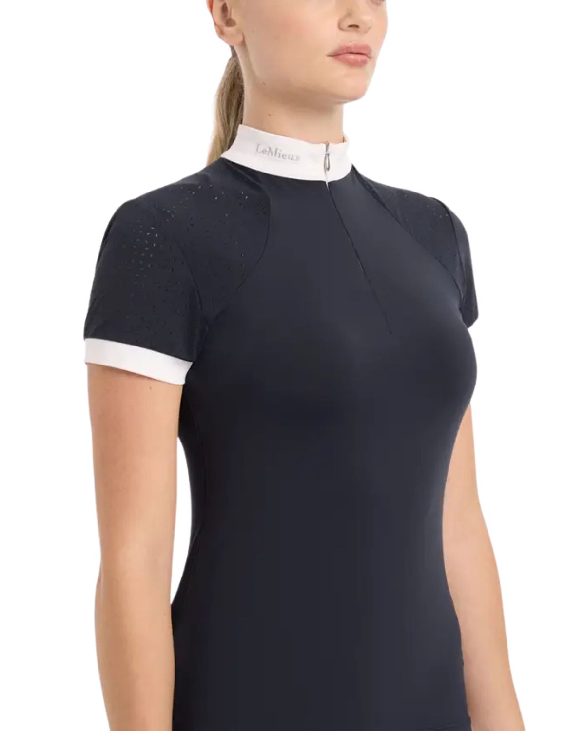 LeMieux Olivia Short Sleeve Show Shirt - Navy Equestrian Top with Lace Detail, Stretch Fabric