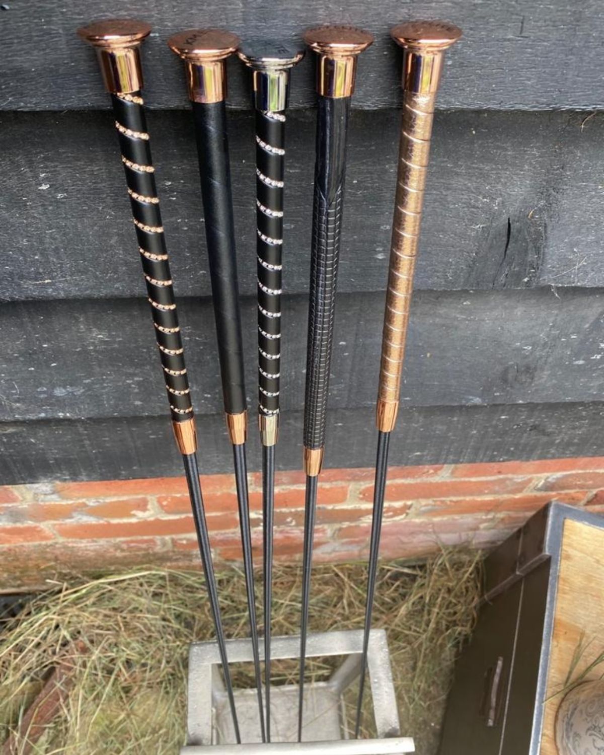 KM ELITE Dressage Whips: Leather Grip, Rose Gold Cap - Equiflair Equestrian. Horse riding whips for competition and training.