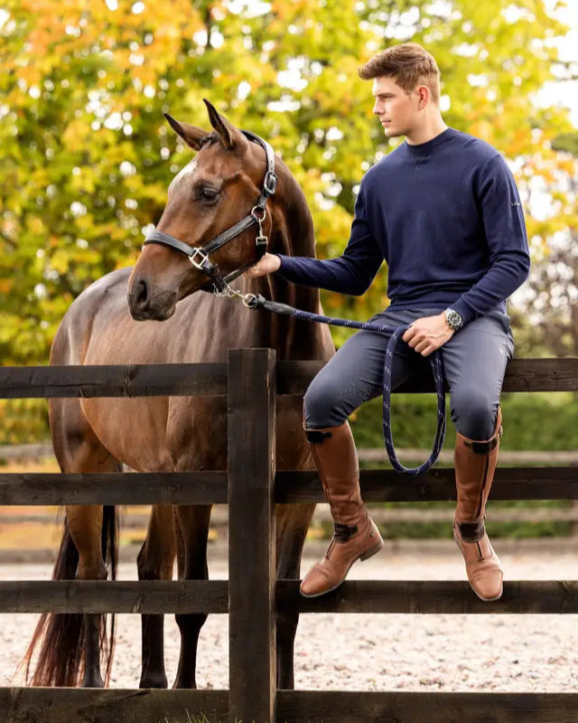 LeMieux Men's Navy Jumper with Horse: Equestrian Style on a Fence