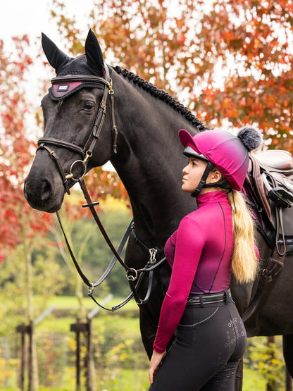 LeMieux Spectrum Mulberry Fly Hood on Black Horse | Equiflair Horse Riding Equipment