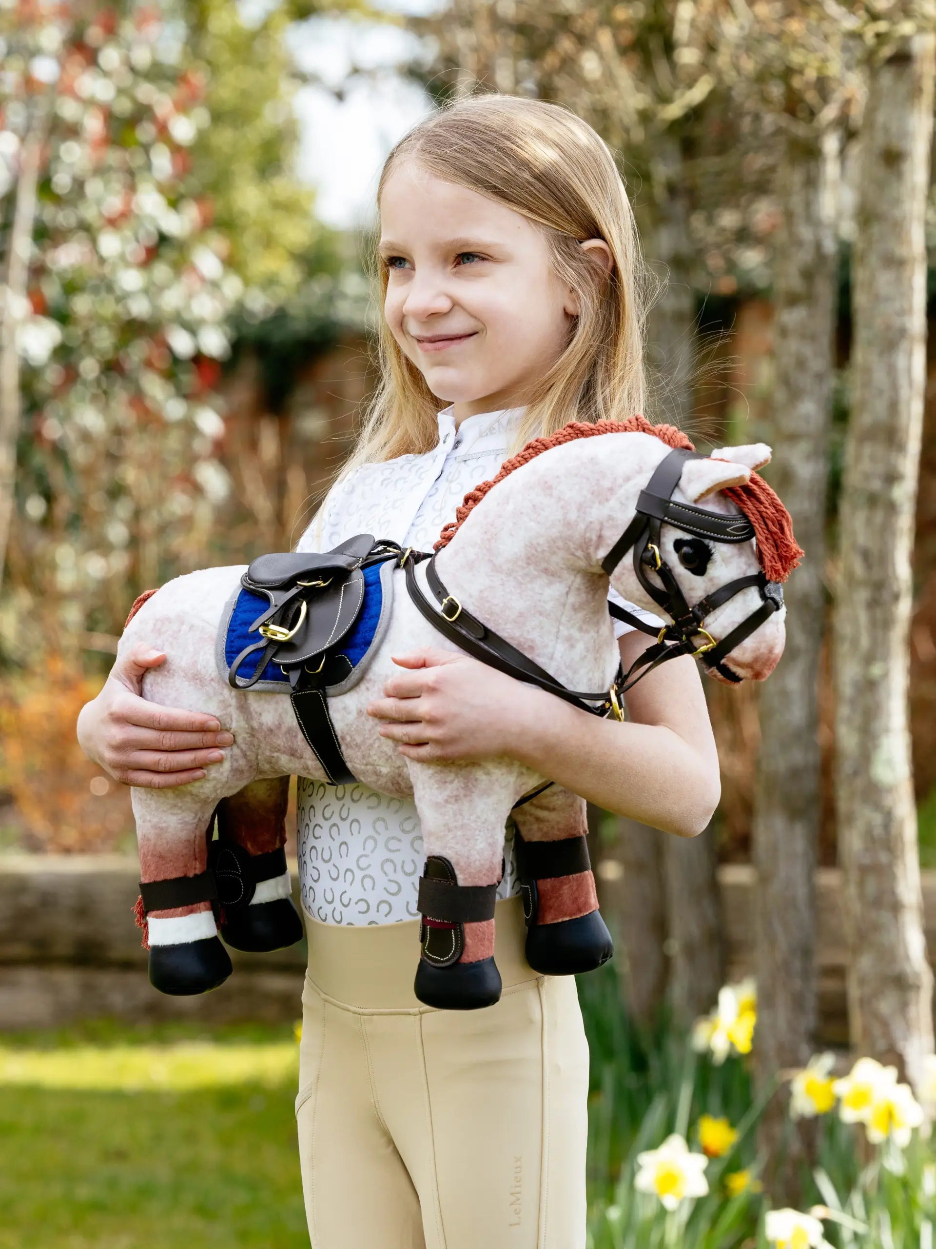 LEMIEUX Toy Pony Jump Saddle & Stud Girth Brown: Girl Holding Plush Horse. Equestrian Toy for Kids