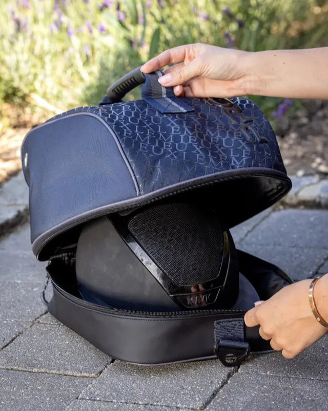 LEMIEUX Elite Pro Navy Hat Box: Woman Opening Equestrian Riding Hat Storage Bag