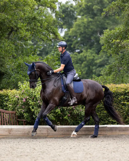LeMieux Suede Dressage Square Navy by Equiflair: Horse and Rider in Dressage Arena, Equestrian Style