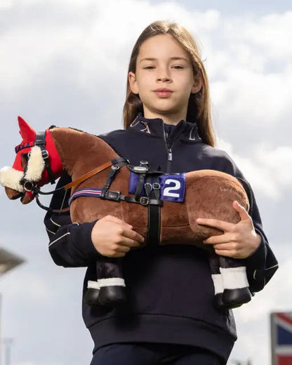 Girl with LEMIEUX Toy Pony Racing Bridle Set (Black) from Equiflair - Toy Horse Racing Accessory