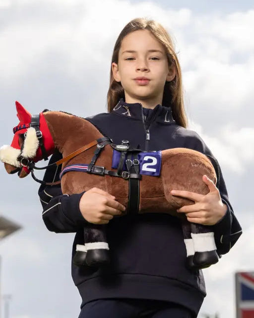 Girl with LEMIEUX Toy Pony Racing Bridle Set (Black) from Equiflair - Toy Horse Racing Accessory