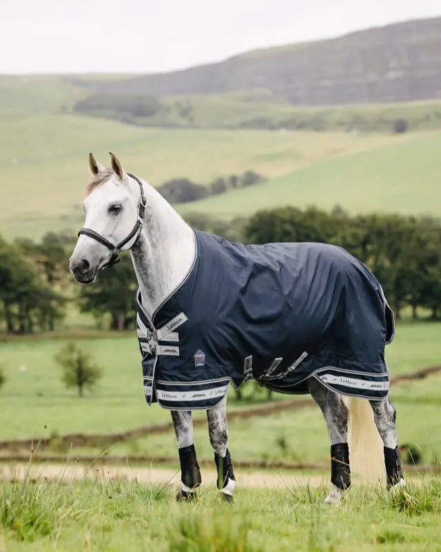 LeMieux Arika Storm-Tek 50G Navy Horse Rug on a Gray Horse in a Field | Waterproof and Breathable