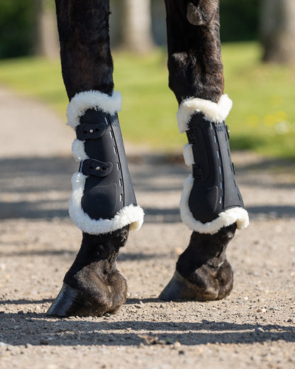 Woof Wear Vision Elegance Tendon Boots: Black with Faux Sheepskin. Horse Leg Protection by Equiflair.