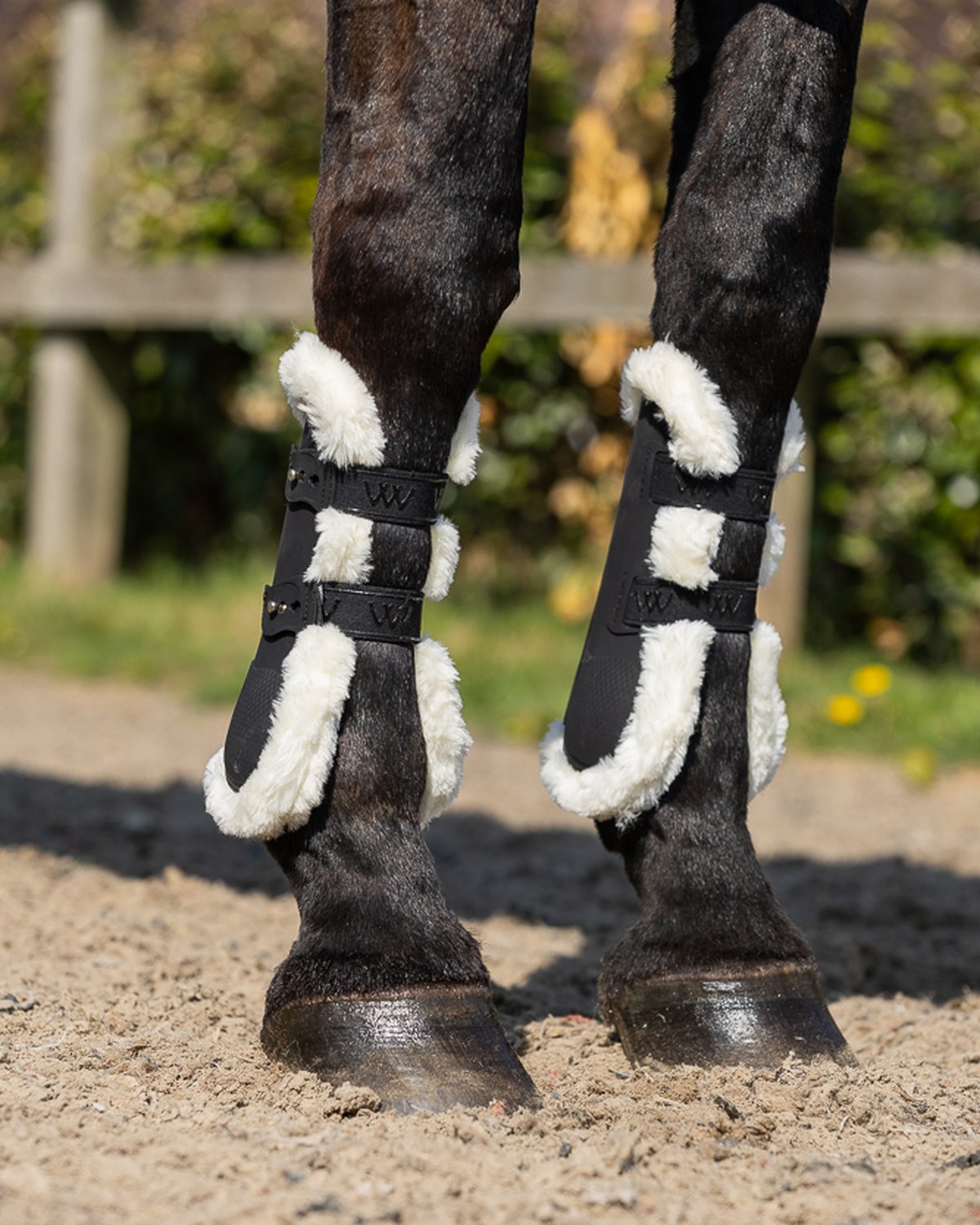 WOOF WEAR ELEGANCE TENDON BOOTS: Black faux sheepskin horse leg protection. Stylish & breathable support from Equiflair.