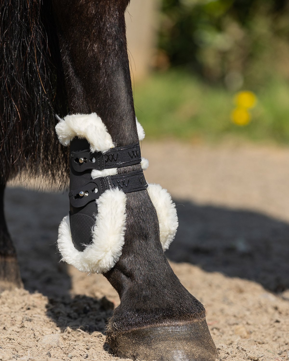 Woof Wear Vision Elegance Fetlock Boots - black, faux sheepskin & vented PU shell for horse leg protection. Equiflair