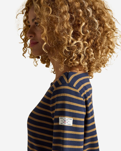 Joules Harbour Navy & Tan Boat Neck Long Sleeve Breton Stripe Top