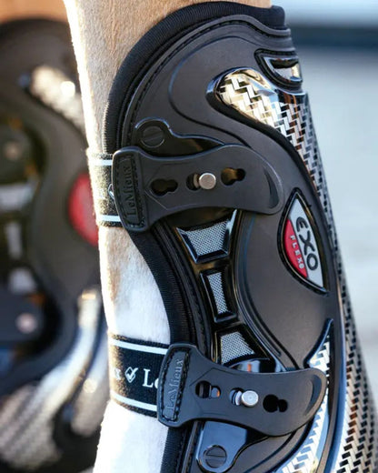 LeMieux Exo-Flex Tendon Boots: Black & Silver horse leg protection for equestrian sports.