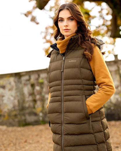LeMieux Harper Ladies Longline Brown/Olive Puffer Gilet. Warm Riding Vest with Hood.