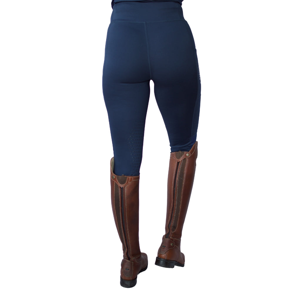 CAMEO Summer Navy Riding Tights: Equestrian Leggings with Silicone Knee Grip, Mesh & Pocket. Riding Boots shown