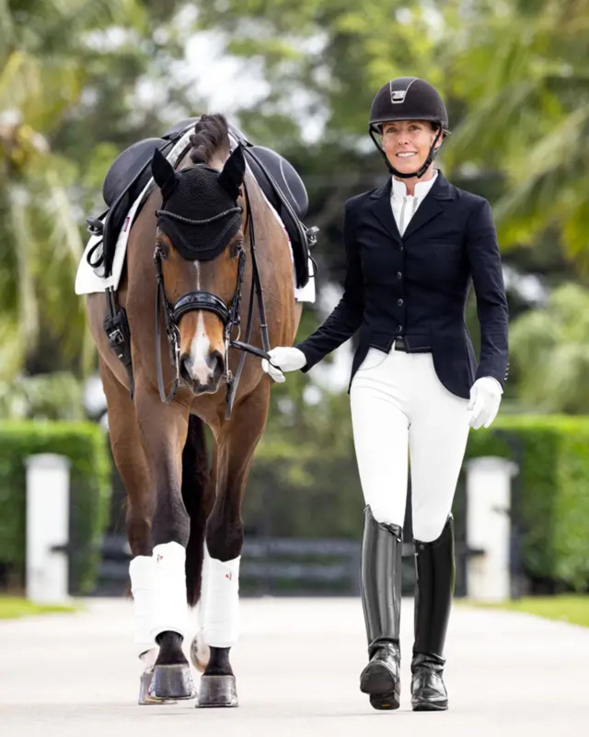 Equestrian: Woman in white LEMIEUX breeches walks her dressage horse in full tack. Equiflair.