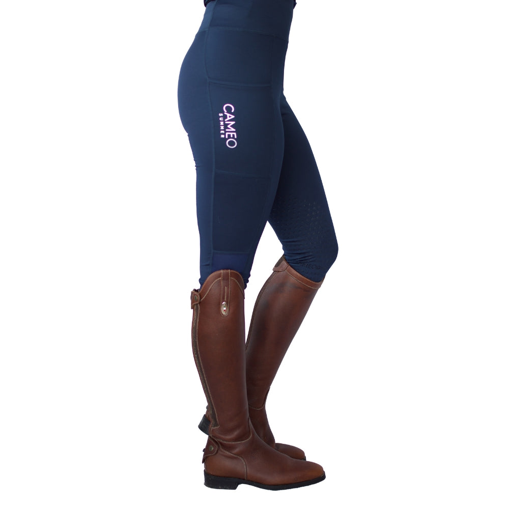 Cameo Summer Riding Tights - Navy Equestrian Leggings with Silicone Grip, Pockets, Mesh, and Wide Waistband