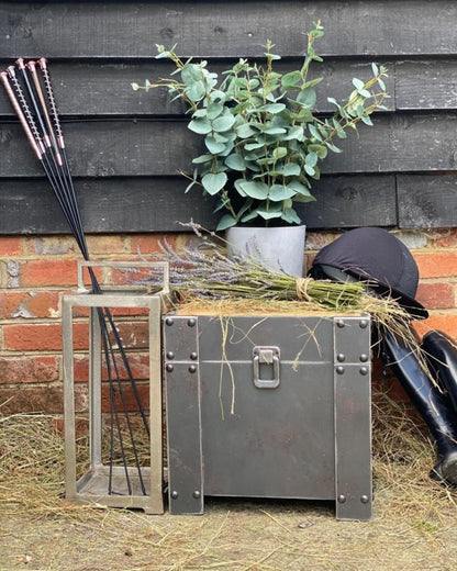 Equestrian Scene: Dressage Whip, Riding Helmet, Boots & Lavender on Box. Equiflair