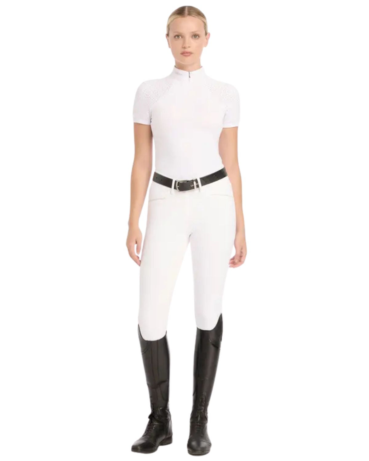LeMieux Olivia White Show Shirt - Short Sleeve Equestrian Riding Top with Lace Detail - Equiflair