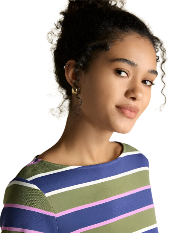 Joules Harbour Top: Green Multi Striped Boat Neck Shirt on Woman. Equiflair store.