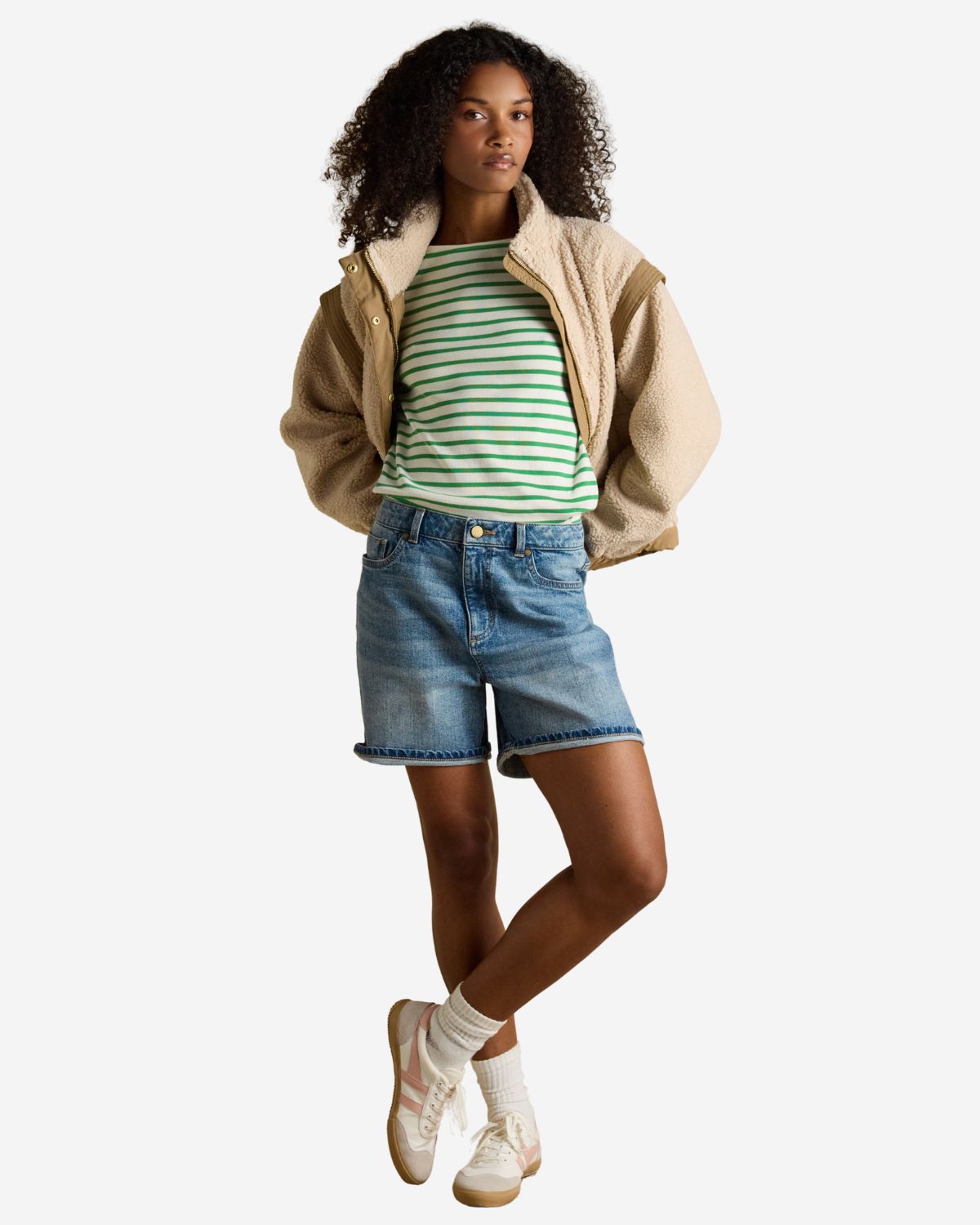 Joules Harbour Cream/Green Boat Neck 100% Cotton Long Sleeve Breton Top