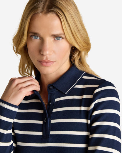 Joules Fairfield Navy & Cream Ribbed Long Sleeve Stripe Polo Top | Equiflair