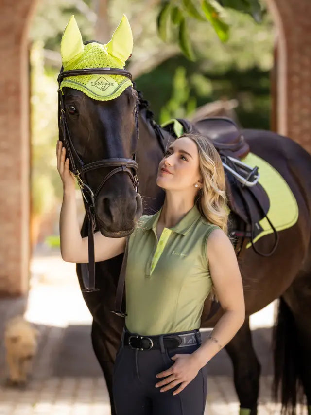 LeMieux Classic Fly Hood Kiwi on Horse with Rider. Equestrian Style & Comfort. Shop Equiflair!