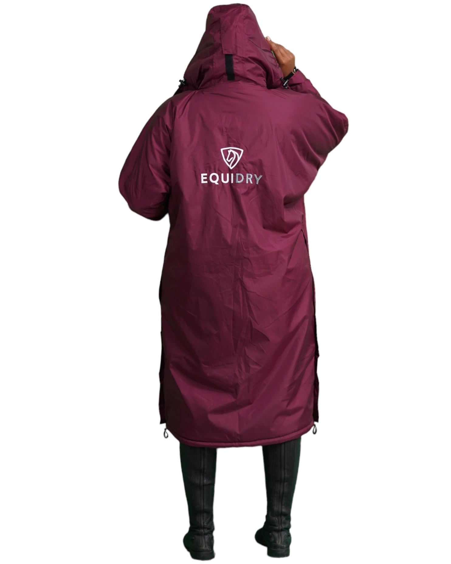 EQUIDRY Evolution Pro women's Warm Waterproof Horse Riding Coat Thick Fleece Lining Stowaway Hood in Plum full back of coat