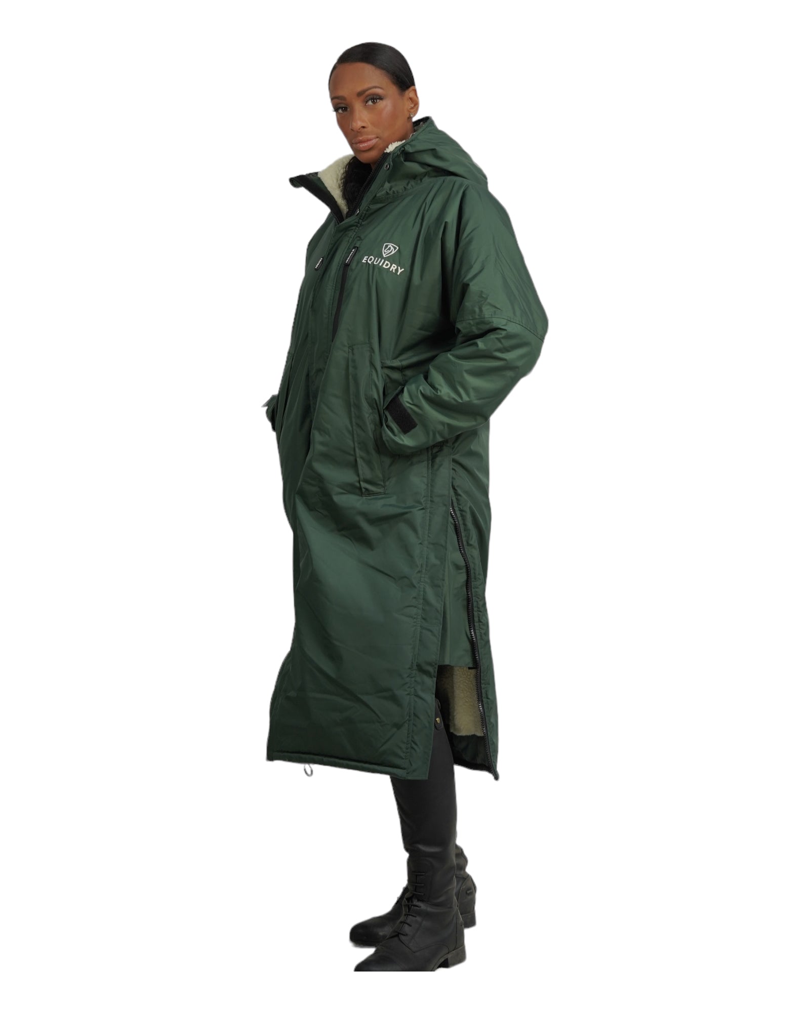 EQUIDRY Women's Waterproof Horse Riding Coat - Black Forest Green. Long, Fleece-lined, with Side Zips & Storm Skirts.