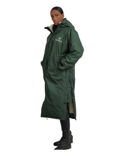 EQUIDRY Women's Waterproof Horse Riding Coat - Black Forest Green. Long, Fleece-lined, with Side Zips & Storm Skirts.