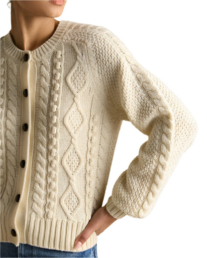 JOULES RAFFERTY CREAM Cable Knit Cardigan with Raglan Sleeves & Horn Buttons - Equiflair