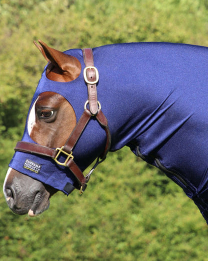 Horse in Navy Supreme Products Body Wrap from Equiflair: close-up of head and neck in the body wrap.