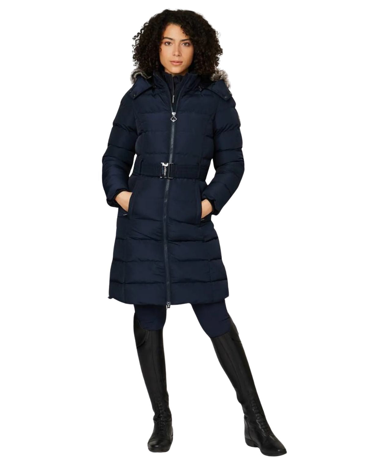 Lemieux Gina Navy Three Quarter Coat at Equiflair: Warm, Stylish Winter Outerwear with Removable Hood & Belt for Equestrian Activities