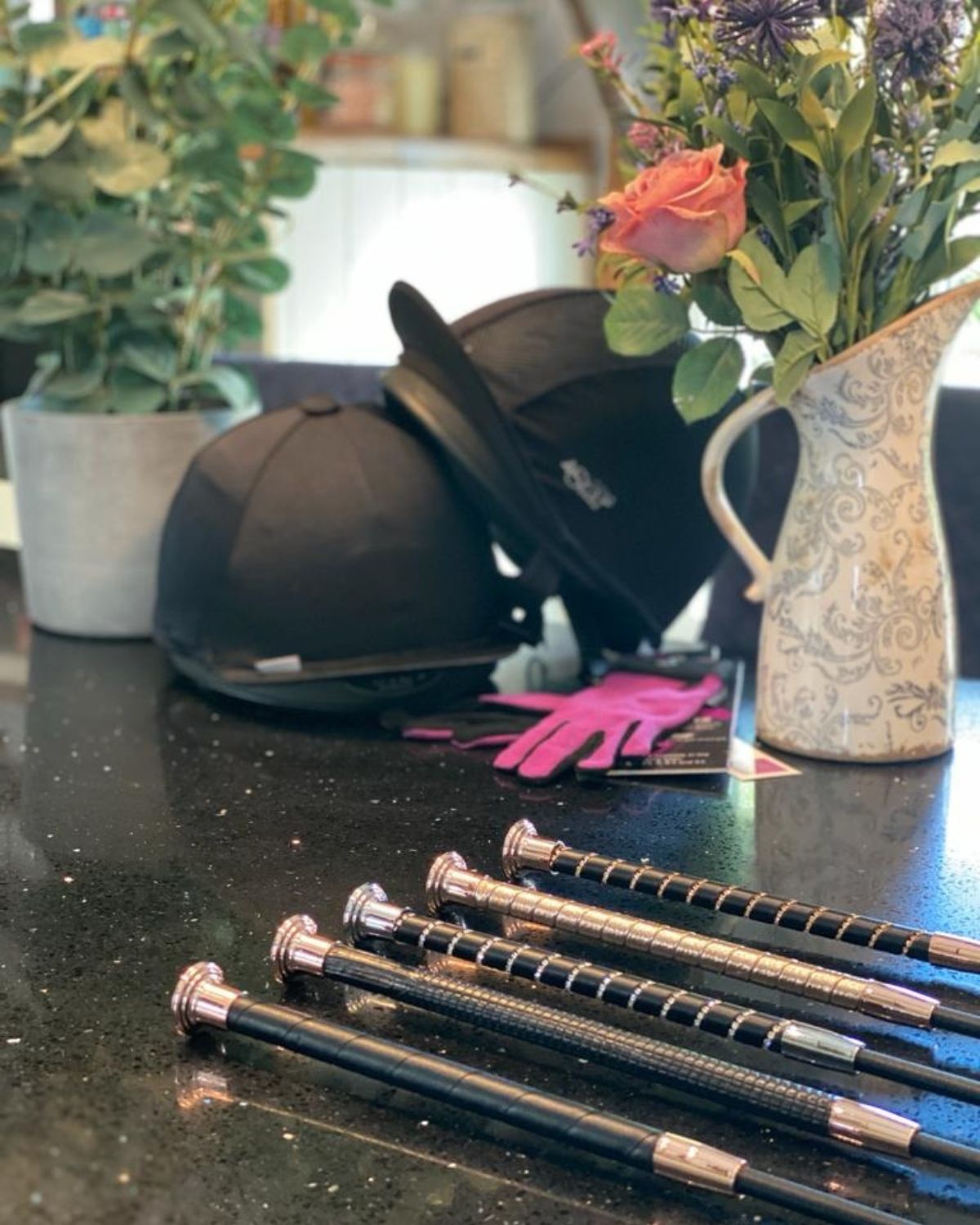 KM Elite Dressage Whip: Black Leather Grip with Rose Gold Cap - Equiflair Equestrian Supply
