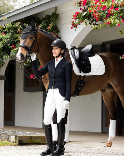 Equestrian Elegance: LeMieux Victoria Breeches in White with Suede Seat, horse riding attire. #equestrianfashion #dressage