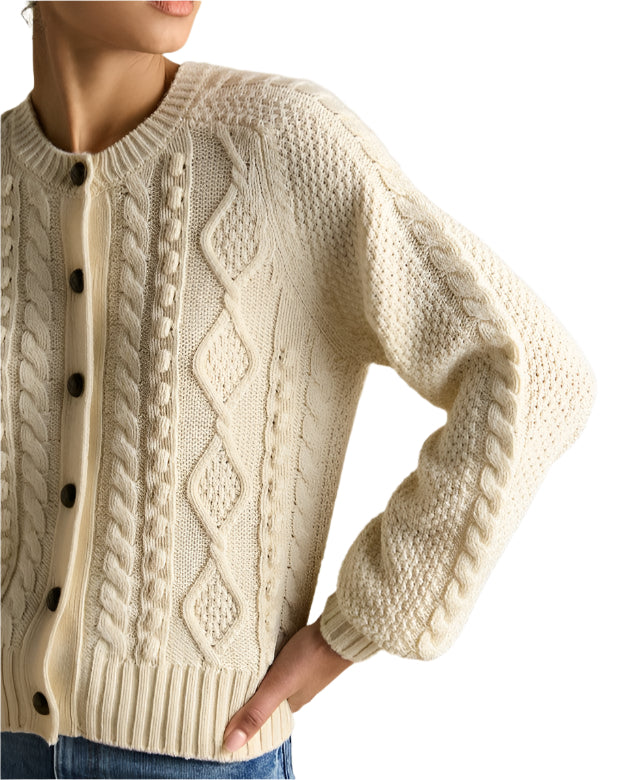JOULES RAFFERTY CREAM Cable Knit Cardigan with Volume Sleeves & Button Closure