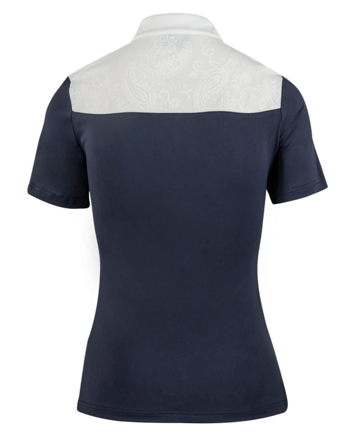 Woof Wear Vision Competition Shirt Navy/White: Equestrian Riding Apparel with Lace Detail & Pearl Buttons - Back View