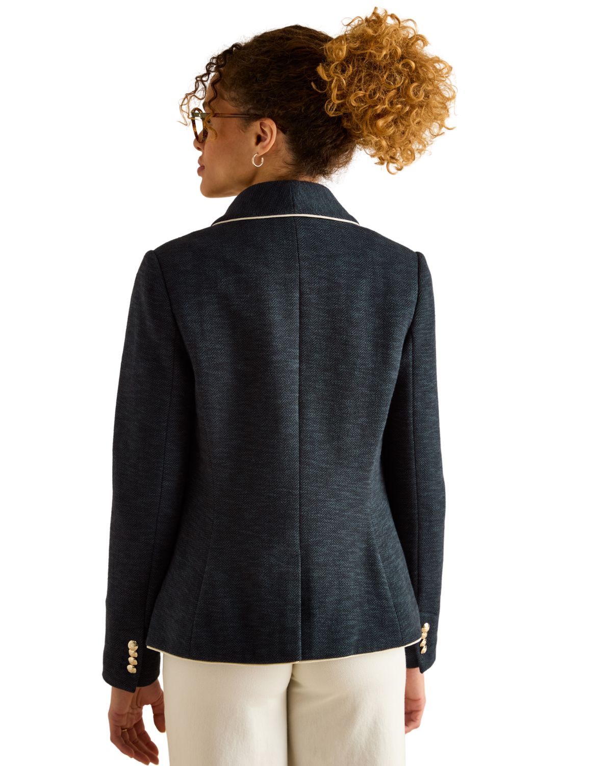 JOULES Hartley Navy Blazer for Women - Shawl Collar, Herringbone Cotton, Structured Fit