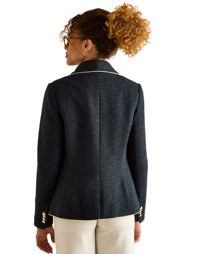 JOULES Hartley Navy Blazer for Women - Shawl Collar, Herringbone Cotton, Structured Fit