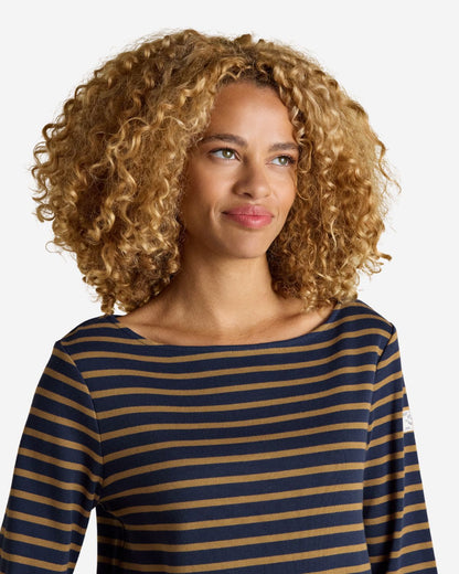 Joules Harbour Navy & Tan Boat Neck Long Sleeve Breton Stripe Top