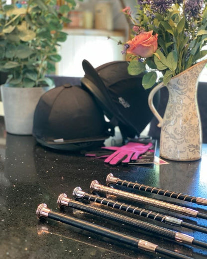 KM Elite Dressage Whip Leather Grip Rose Gold Cap - Equiflair, Equestrian Riding Equipment