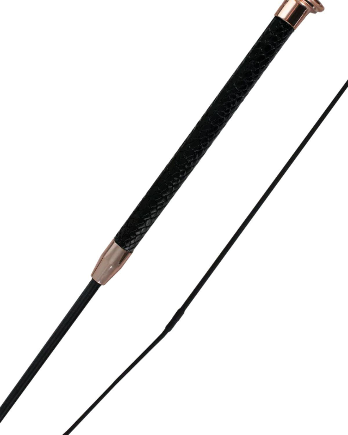 Woof Wear Reptile Dressage Whip: Black with Rose Gold Accents, Faux Snakeskin Grip. Equestrian Riding Crop. Image at Angle.
