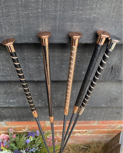 KM Elite Dressage Whip - Black Grip, Crystal Spiral, Rose Gold Accents. Equiflair.