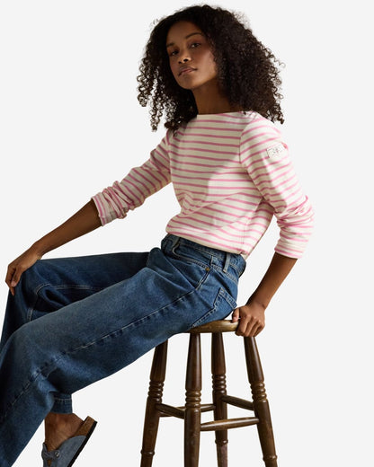 Joules Harbour Cream & Pink Striped Boat Neck Long Sleeve Breton Top | Equiflair