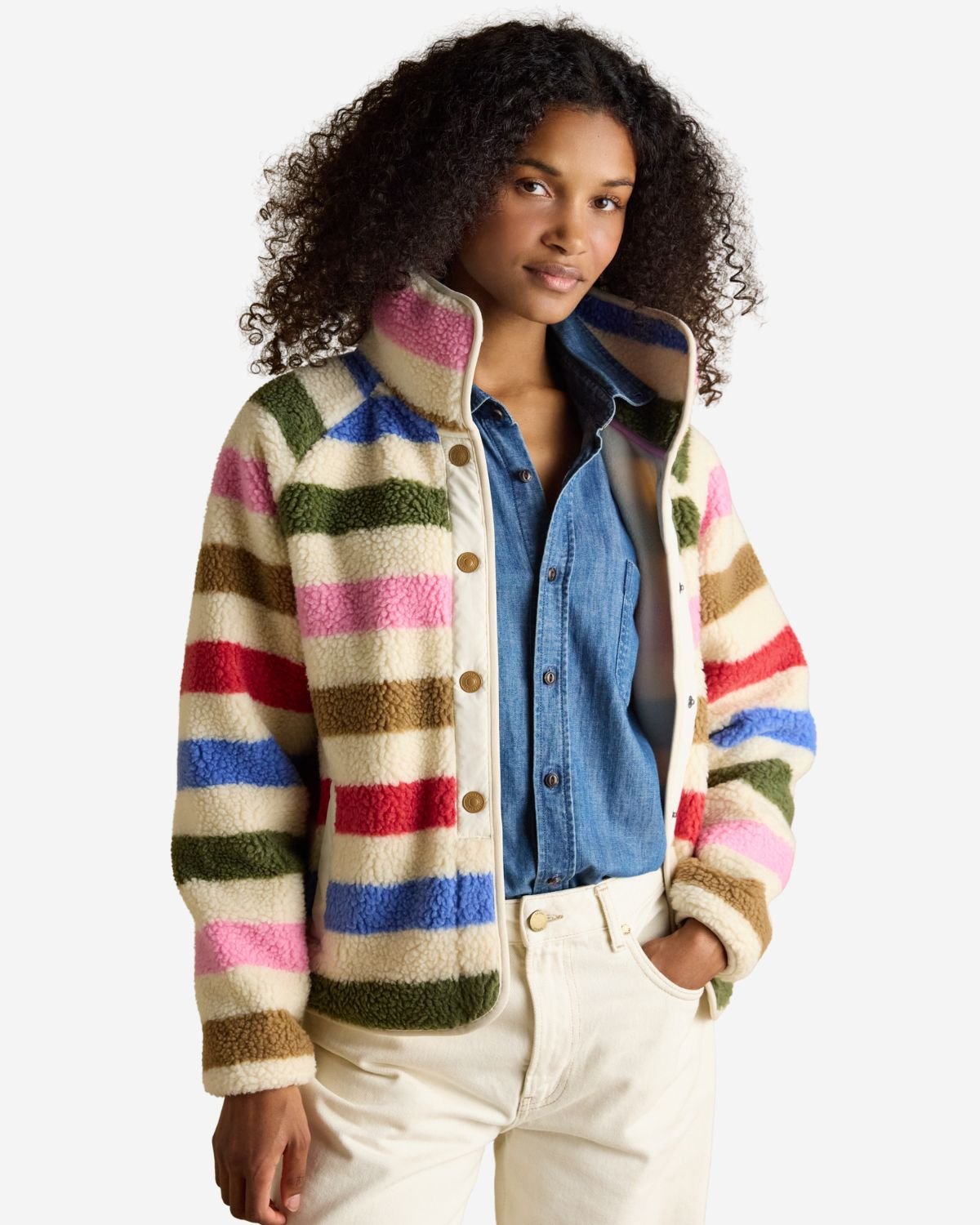 Joules Cream Multi Bright Striped Borg Fleece Jacket | Equiflair