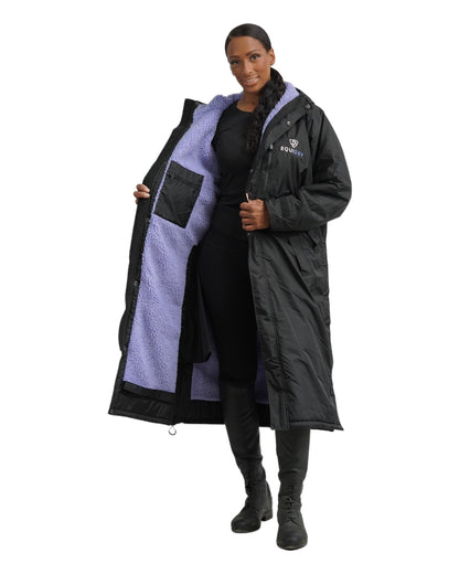 Evolution Women's Warm Waterproof Long Horse Riding Coat Thick Fleece Lining Cosy Fleece Lined Hood in Black/Lilac inner lining 