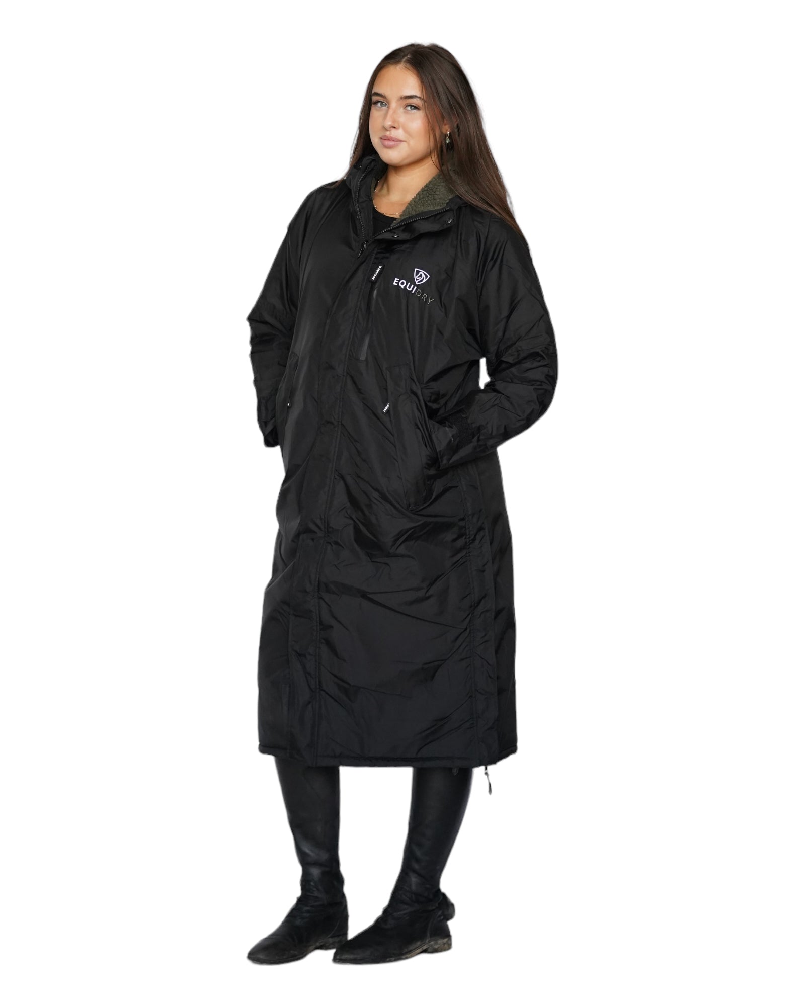 Equidry Women's Waterproof Horse Riding Coat: Long Black Fleece Lined Equestrian Outerwear by Equiflair