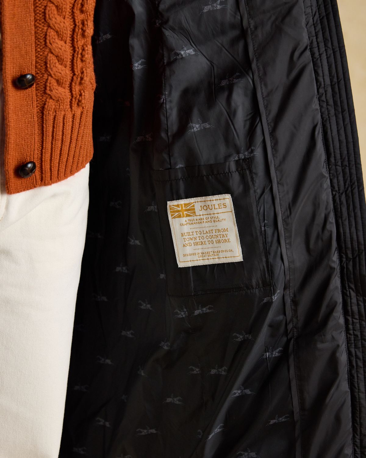 Joules Pembury Black Showerproof Longline Padded Coat with Hood