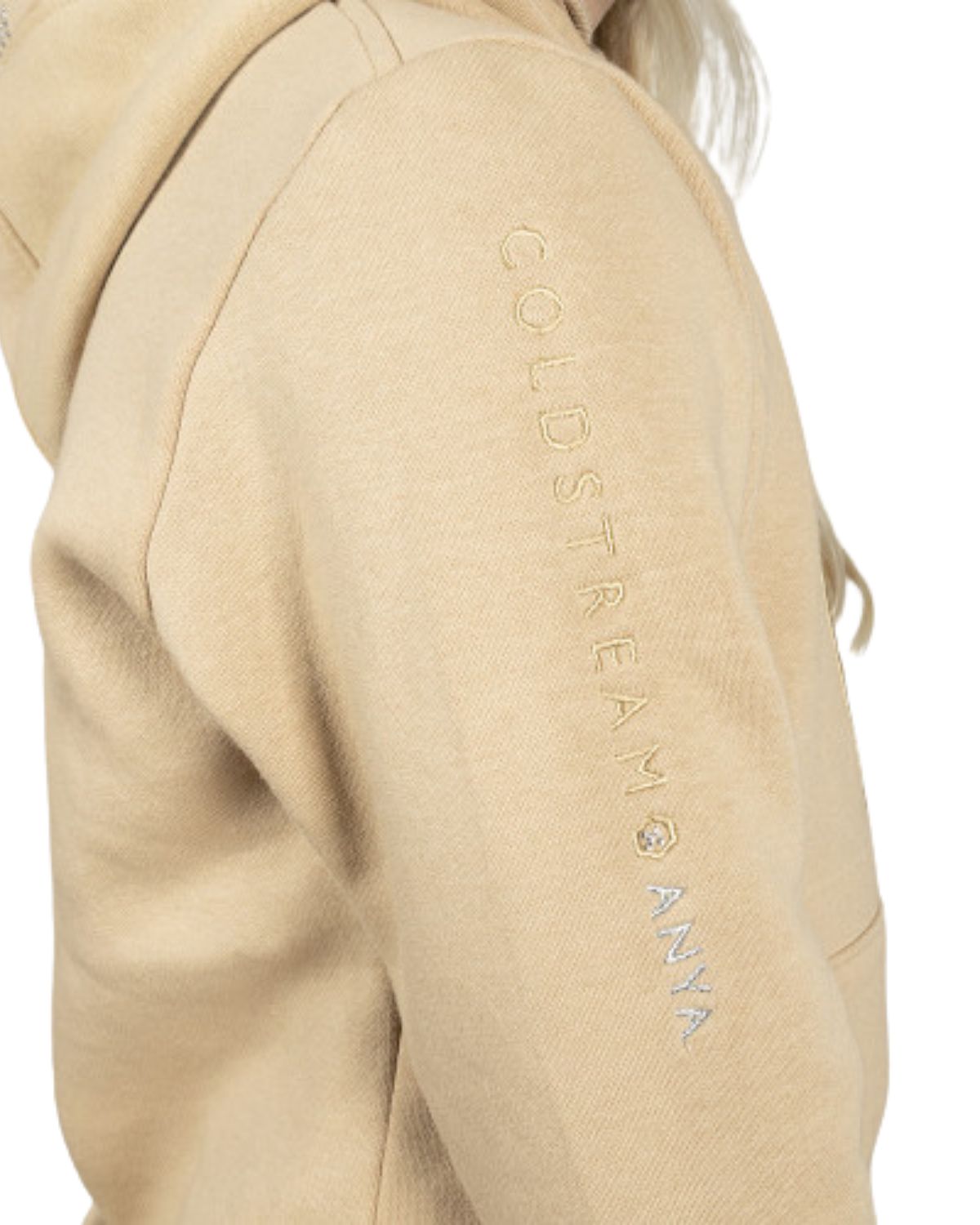 COLDSTREAM X ANYA Diamante Hoodie Champagne Equestrian Activewear - Close up on Arm with Logo