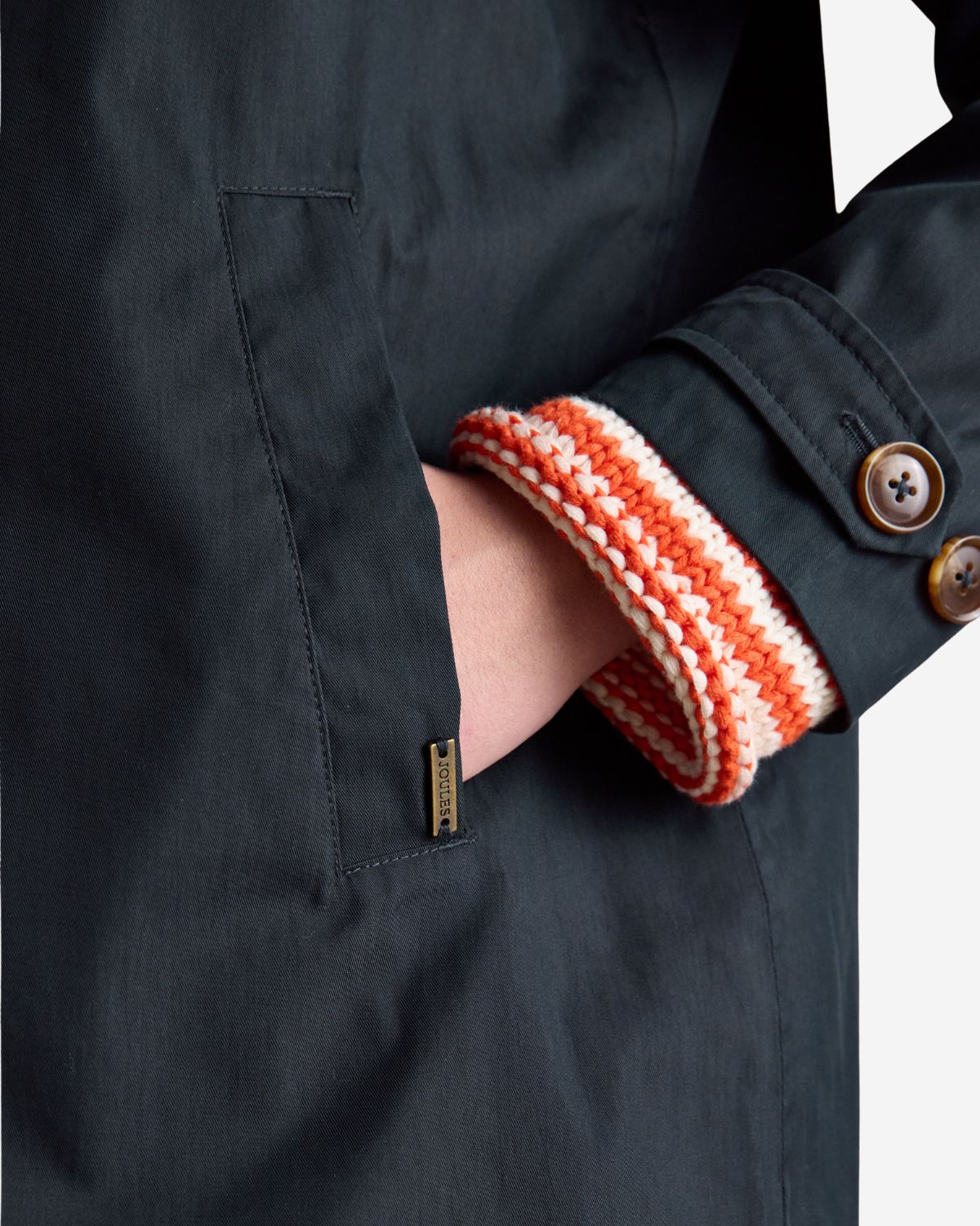 Joules Rainmore Navy Waterproof Raincoat with Hand in Pocket Showing Knitted Cuff Detail, Button Closures